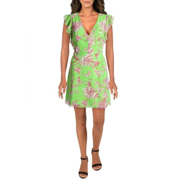 JAY GODFREY Womens Green Lined Back Tie-belt Flutter Sleeve Short Dress 0
